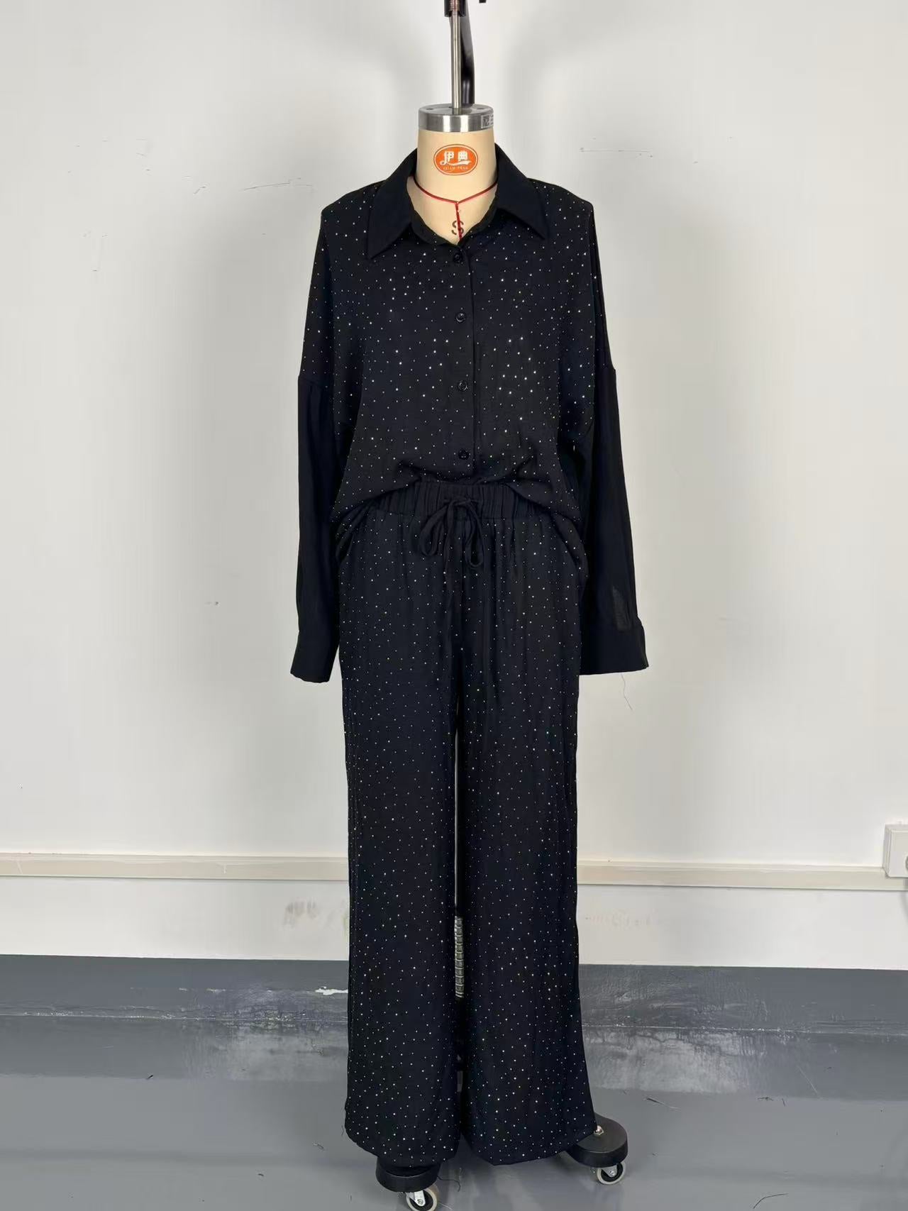 Women's Beaded Star-Embellished Blouse & Drawstring Wide-Leg Pants Set 10