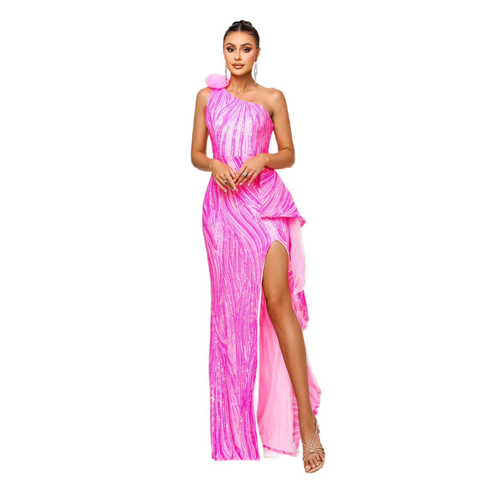 Women one shoulder slash shoulder sequins slit formal party evening dress 6