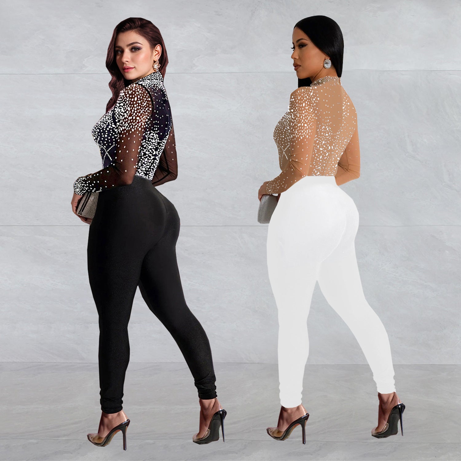 Fashionable Women's Slim Mesh Beaded Long-Sleeved Jumpsuit 4