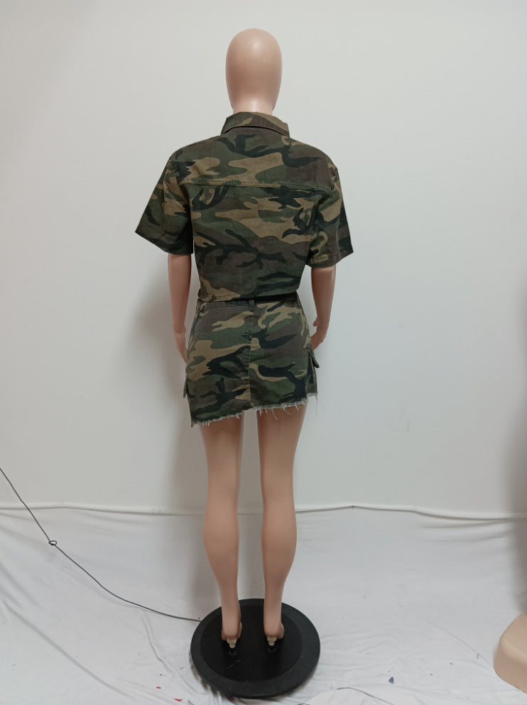 Women's Camouflage Pocket Irregular Sexy Two-Piece Short Skirt Set 6