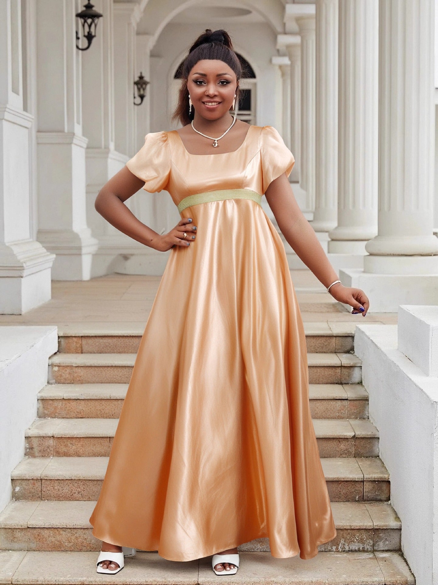 Luxury Satin U Neck Dress Elegant Plus Size Evening Gown 3