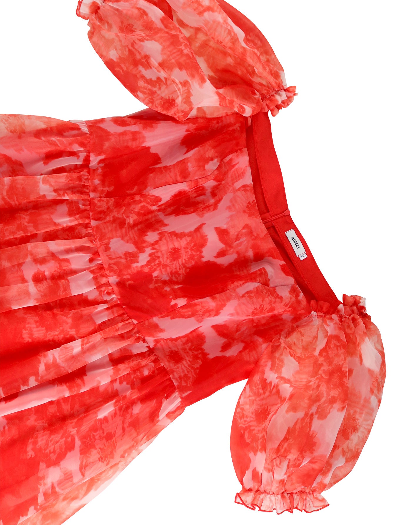 Plus Size Women Red Print Off Shoulder Puff Sleeve Dress 12