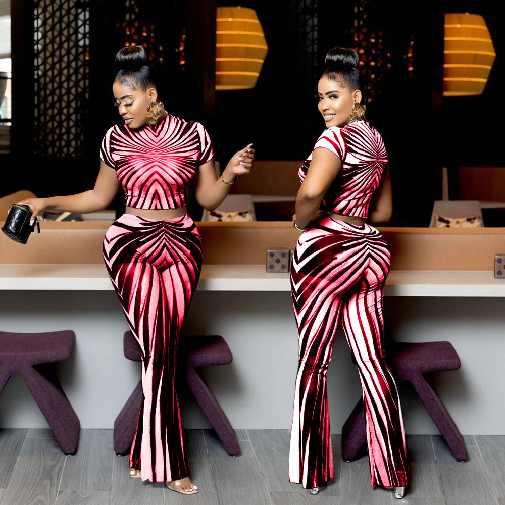 Street Stripe Print See-Through Mesh Short Sleeve Crop Top Slim Pants Two-Piece Set 3