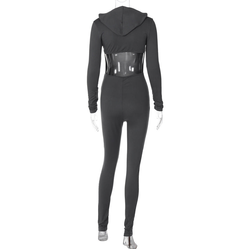Women Winter Solid Long Sleeve Hooded Backless Sports Jumpsuit 12