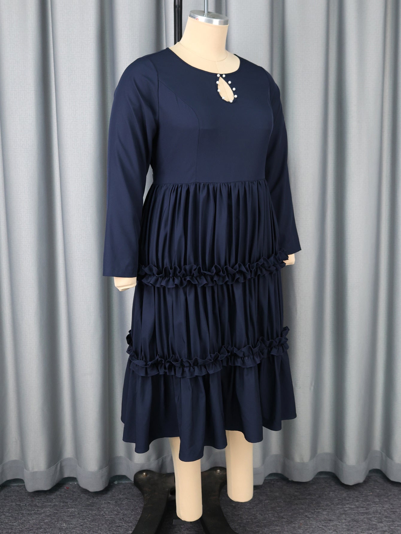 Plus Size Women's Autumn Round Neck Cut-Out Knitting Long Sleeve Gathers A-Line Dress 6