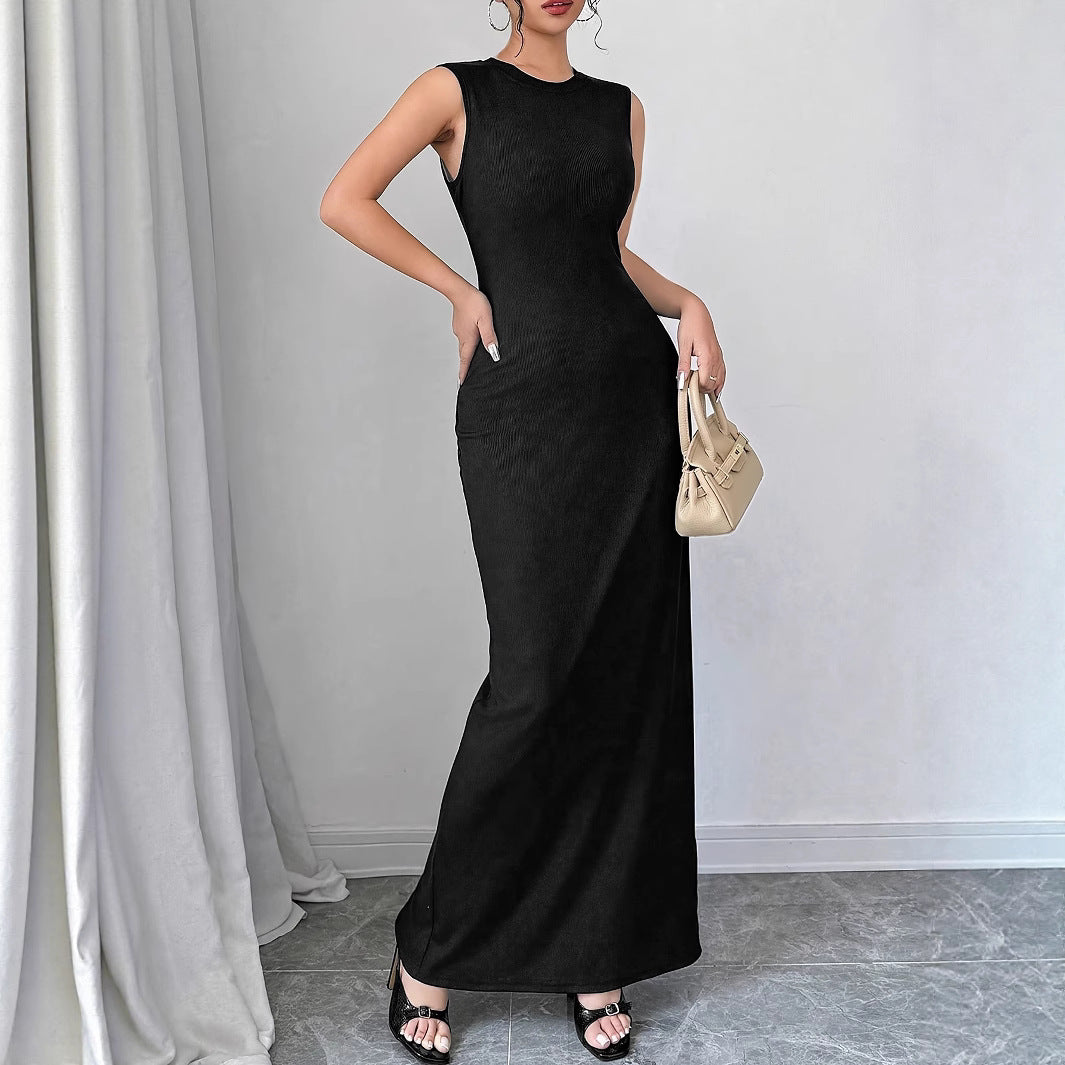 Women Summer Round Neck Solid Ribbed Dress 5