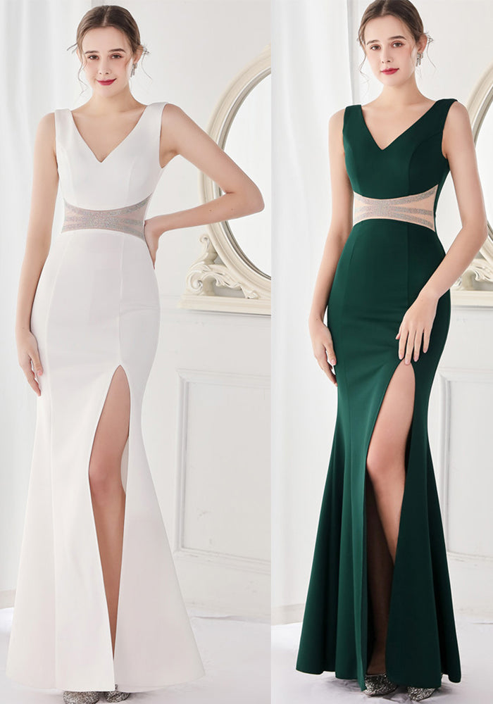 Summer Elegant v Neck Waist Rhinestone Slit Mermaid Evening Dress