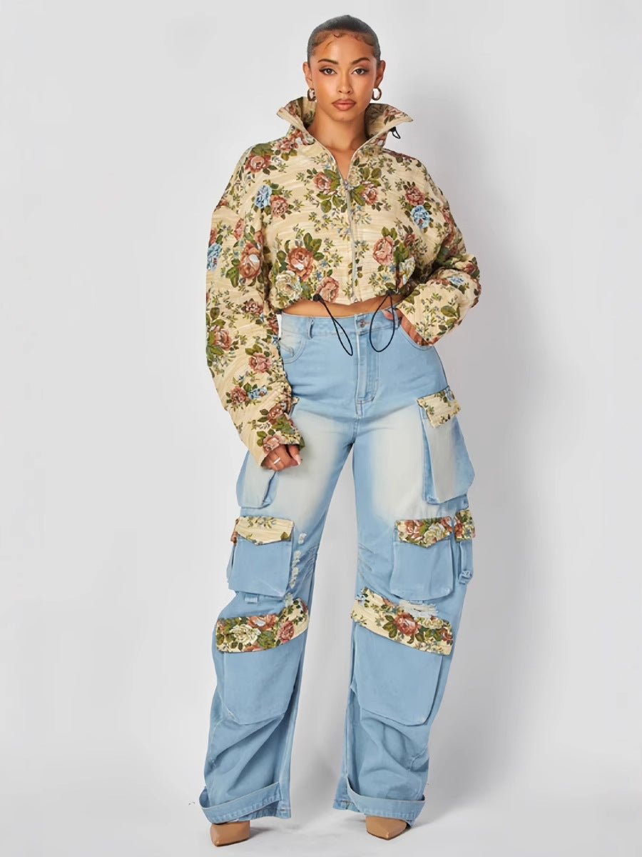 Women autumn flowers jacket and denim cargo pant two piece set 3