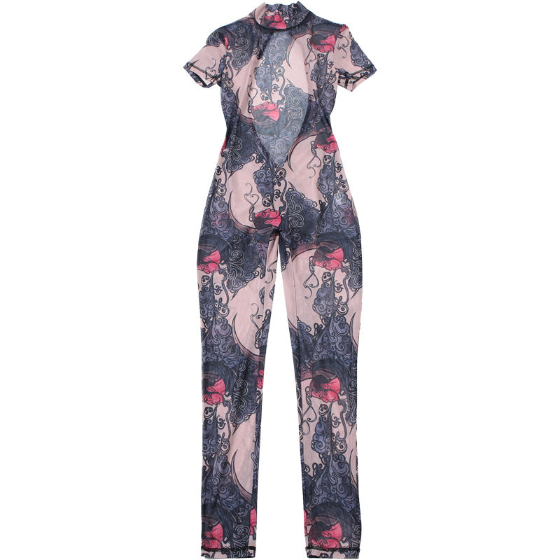 Women Summer Street Trend Mesh See-Through Print Backless Jumpsuit 14