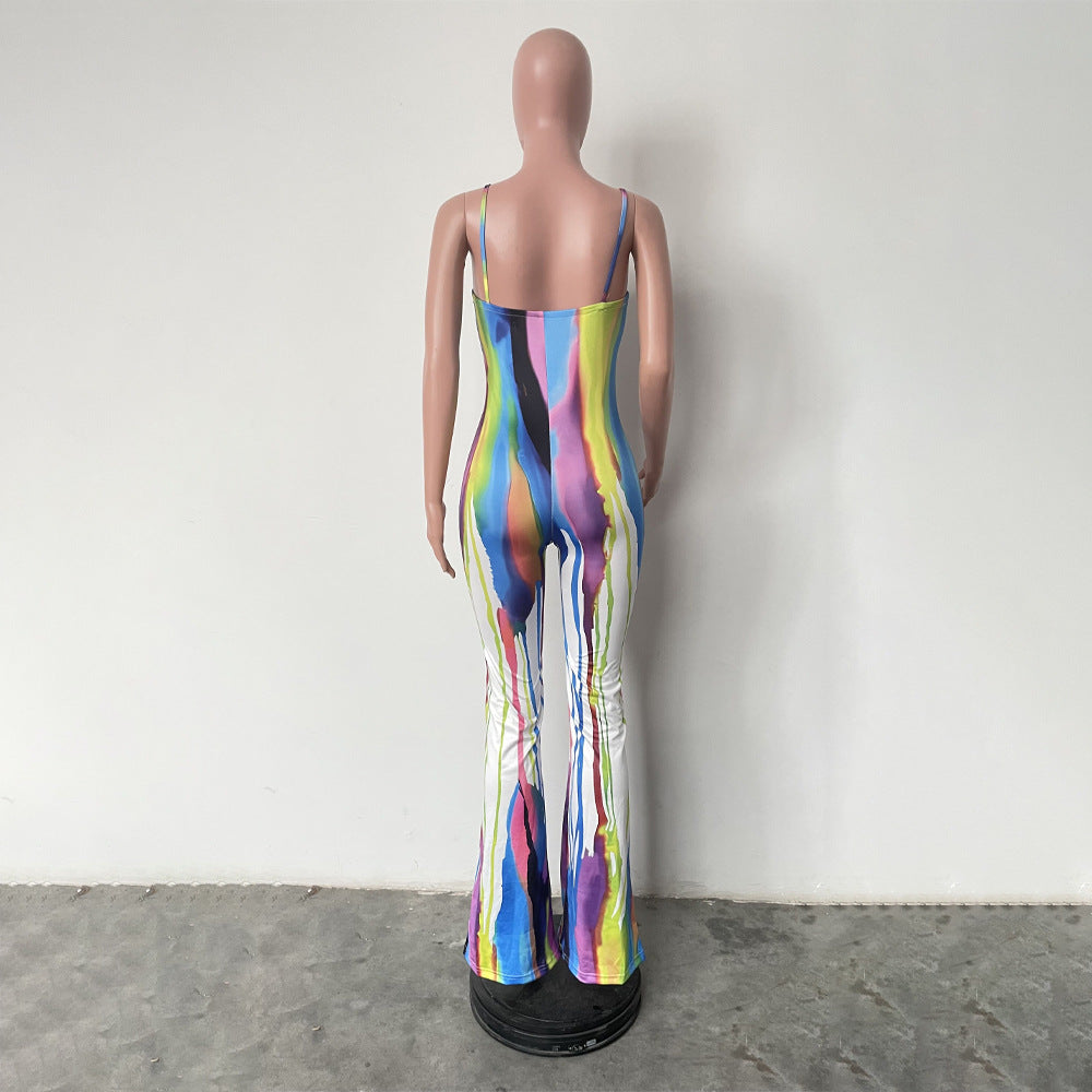 Sexy Suspender Graffiti Positioning Print Wide Leg Jumpsuit 11