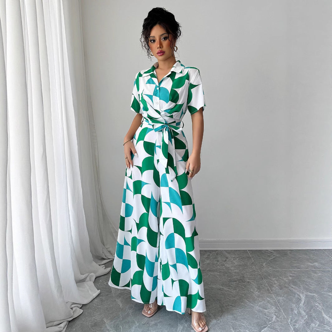 Women Elegant printed short-sleeved wide-leg jumpsuit 7