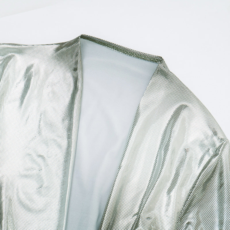 Women Glossy V-Neck Slit Ribbon Dress 11