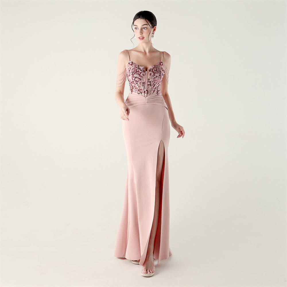 Women Applique Beaded Tube Fishbone Pressed Beaded Off-shoulder Sexy Evening Dress 11