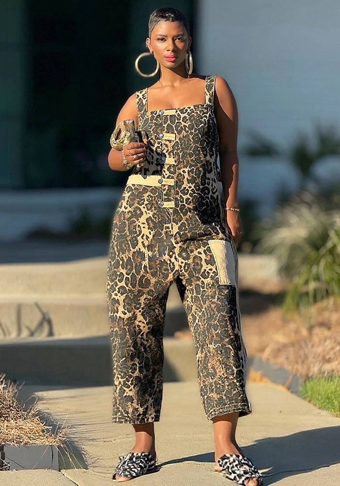 Women Leopard Print Nine-point Denim Suspenders