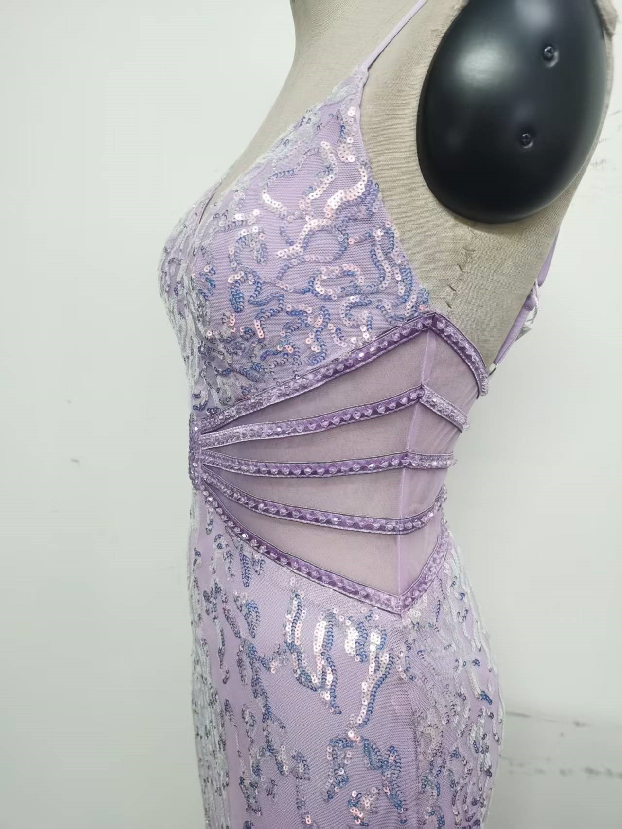 Women clothing V Neck sequins beaded hollow mesh off-shoulder Formal Party evening dress 34