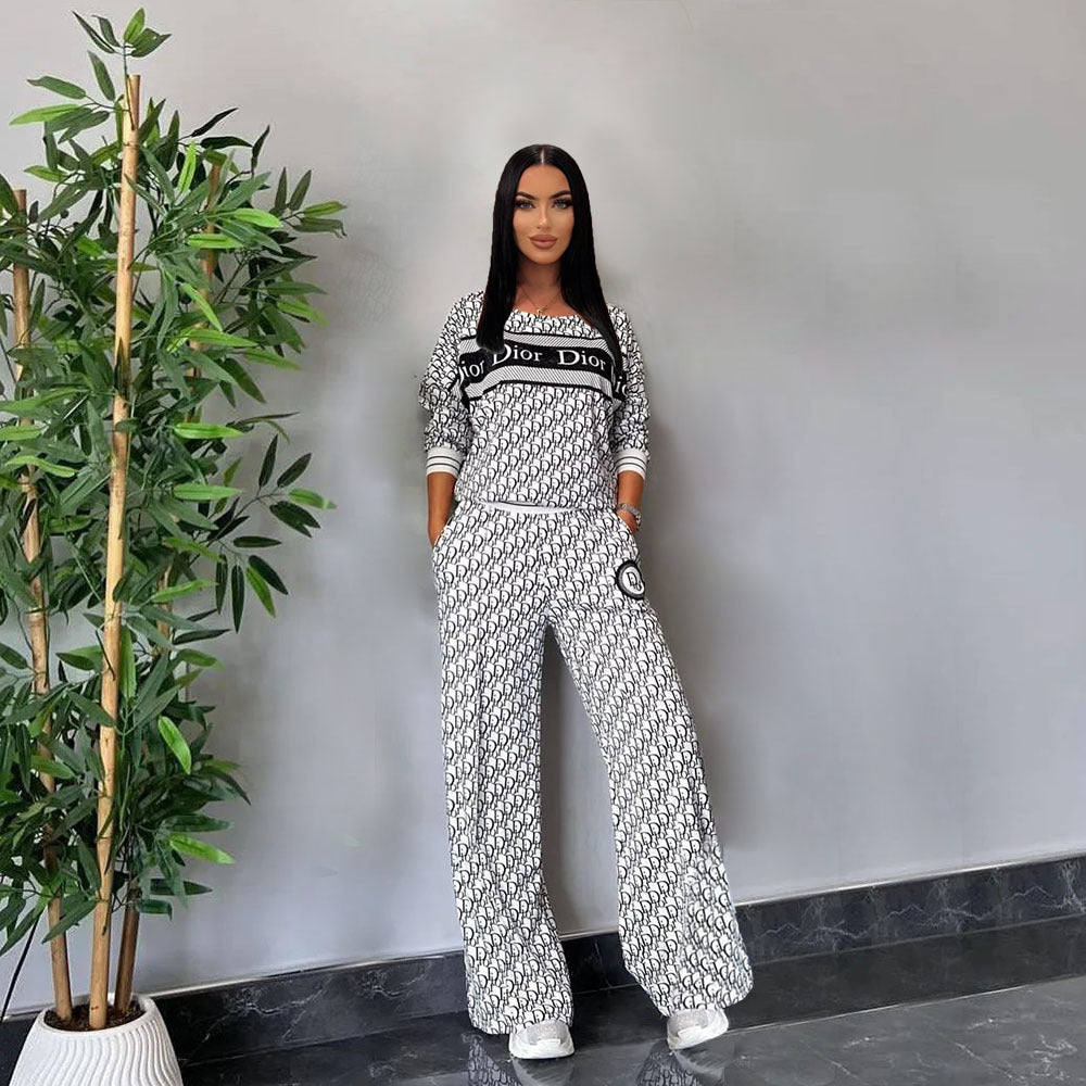 Women's Fashion Casual Trendy Ribbed Long Sleeve Loose Wide Leg Two-Piece Pants Set 3