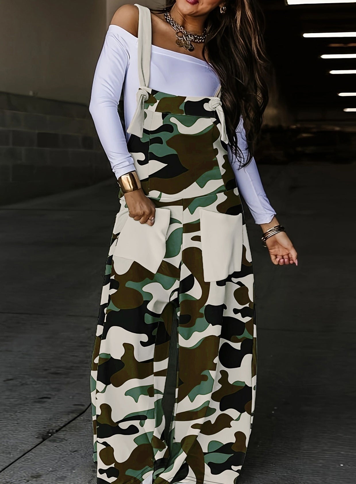 Women Casual Camo Print Loose Jumpsuit