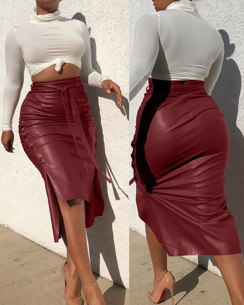 Women's Slit Slim Midi Pu Leather Skirt 4