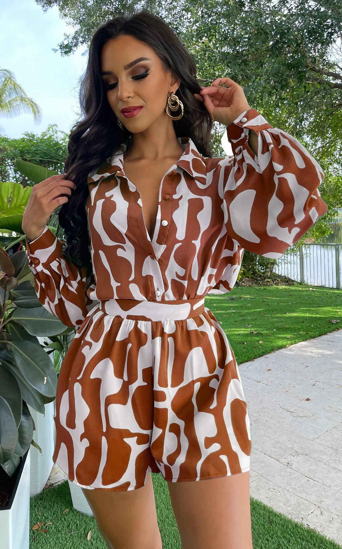 Loose Printed Long Shirt Casual Women's Shorts Set Summer Two-Piece Set 3