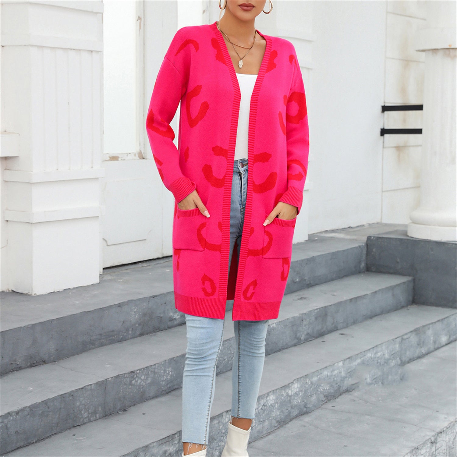 Plus Size Women Fall and Winter Leopard Knitting Cardigan Sweater