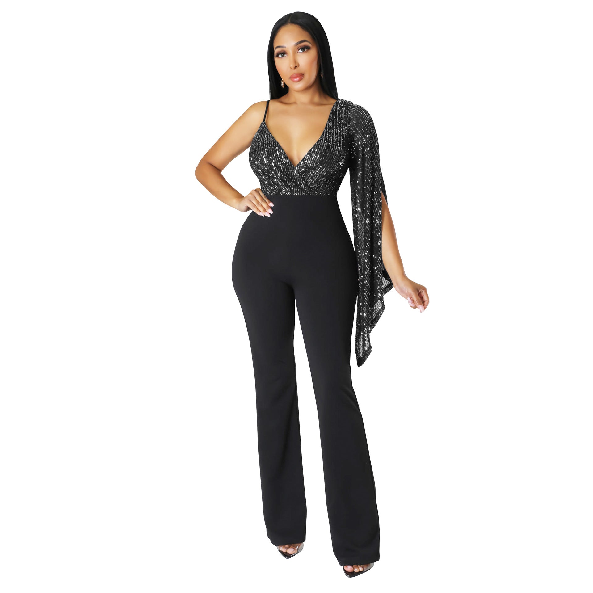 Trousers Sequined V-neck Strapless One Shoulder Cape Sexy Nightclub Jumpsuit 4