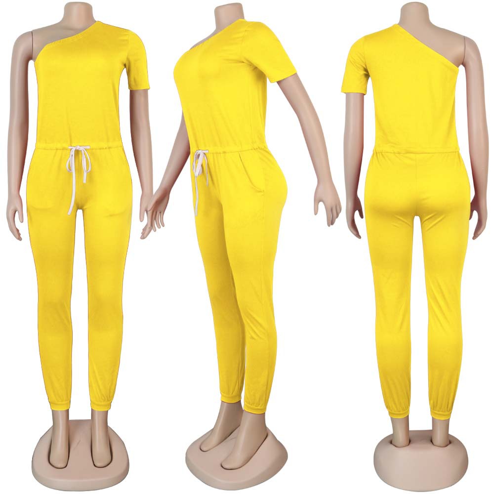 Sexy Women's Slash Shoulder Half Sleeve Solid Color Slim Fit Women's Sports Jumpsuit 25