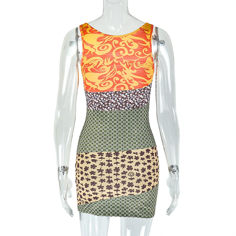 Women Print Patchwork Bodycon Casual Suspender Off Shoulder Sleeveless Dress 6