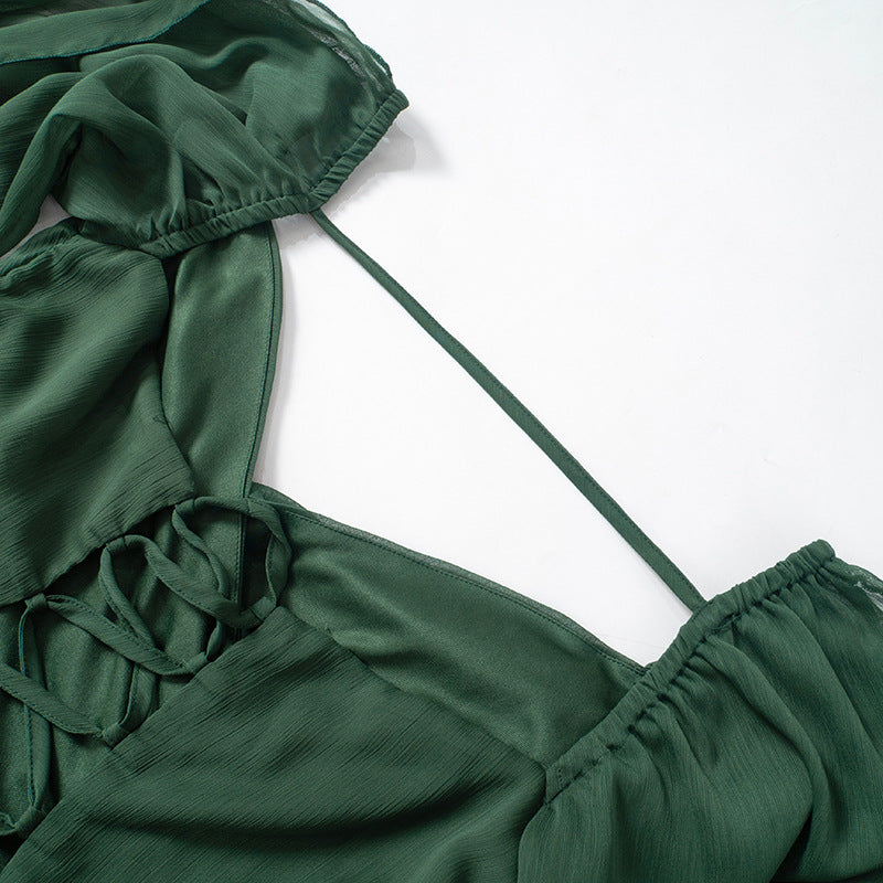 Women Summer Solid Casual Mesh Long Sleeve Lace-Up Backless Mini Dress 31