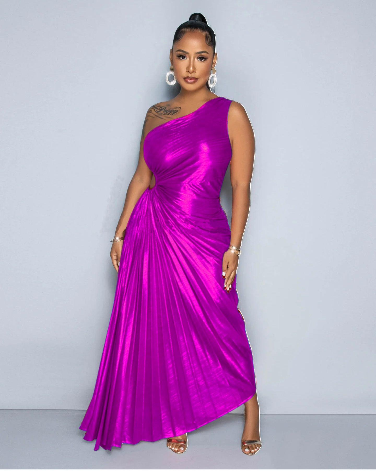 Women Pleated Slash Shoulder Shiny Dress 11