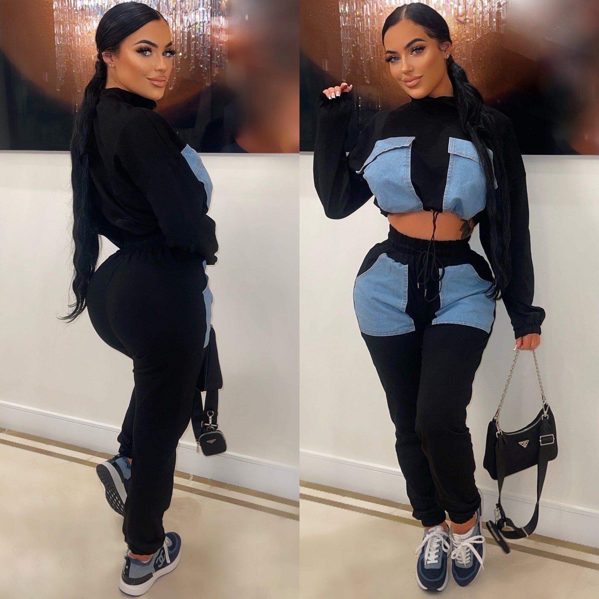 Women's Autumn And Winter Fashion Patchwork High Collar Open Waist Two-Piece Pants Set