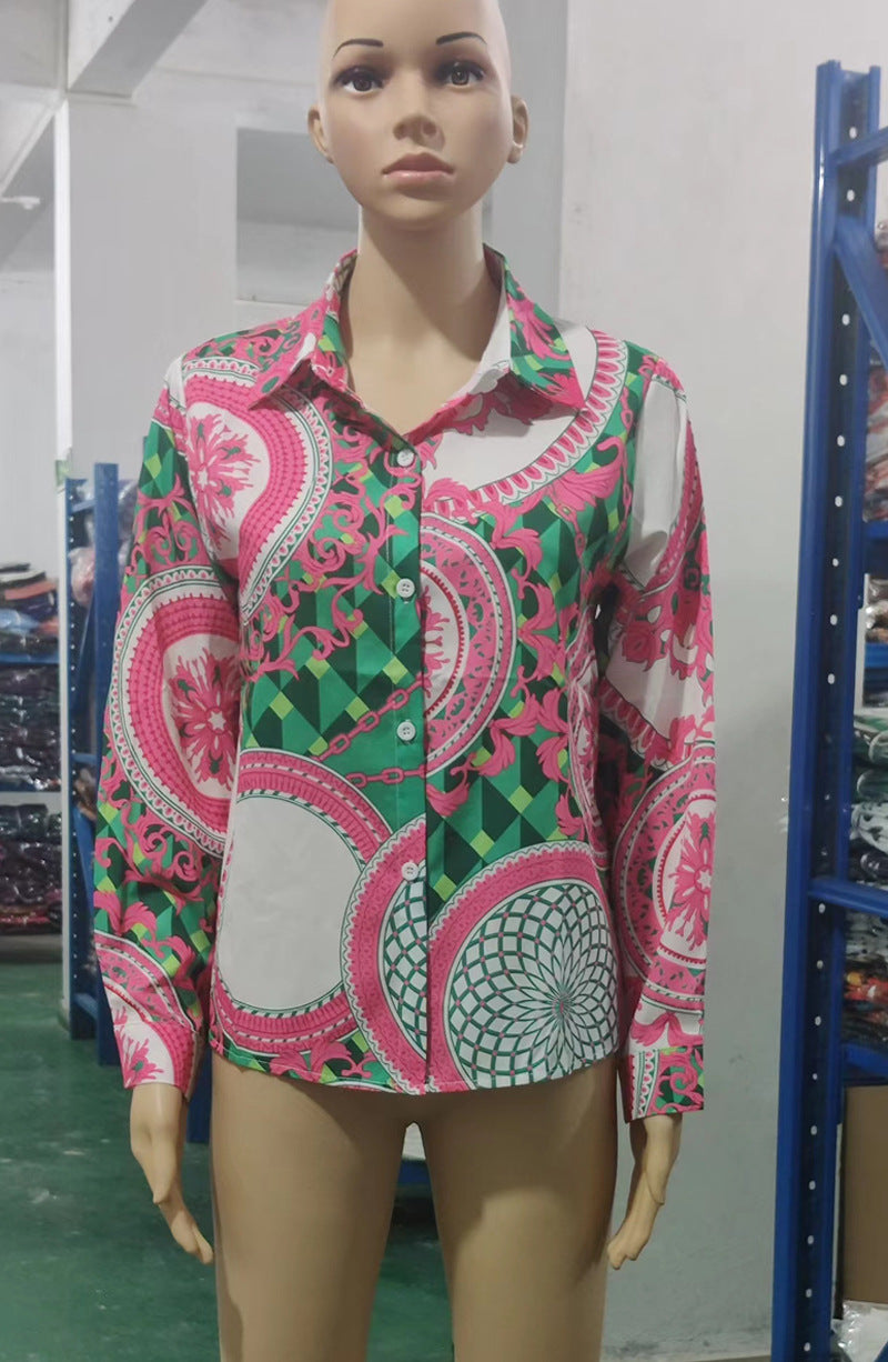 Women's Tops Spring Autumn Turndown Collar Printed Long Sleeve Button-Down Shirt 14