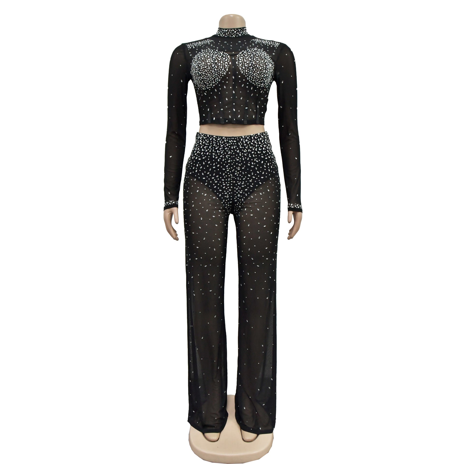 Fashionable Women's Solid Color Beaded Mesh Long-Sleeved Two-Piece Trousers Set 11