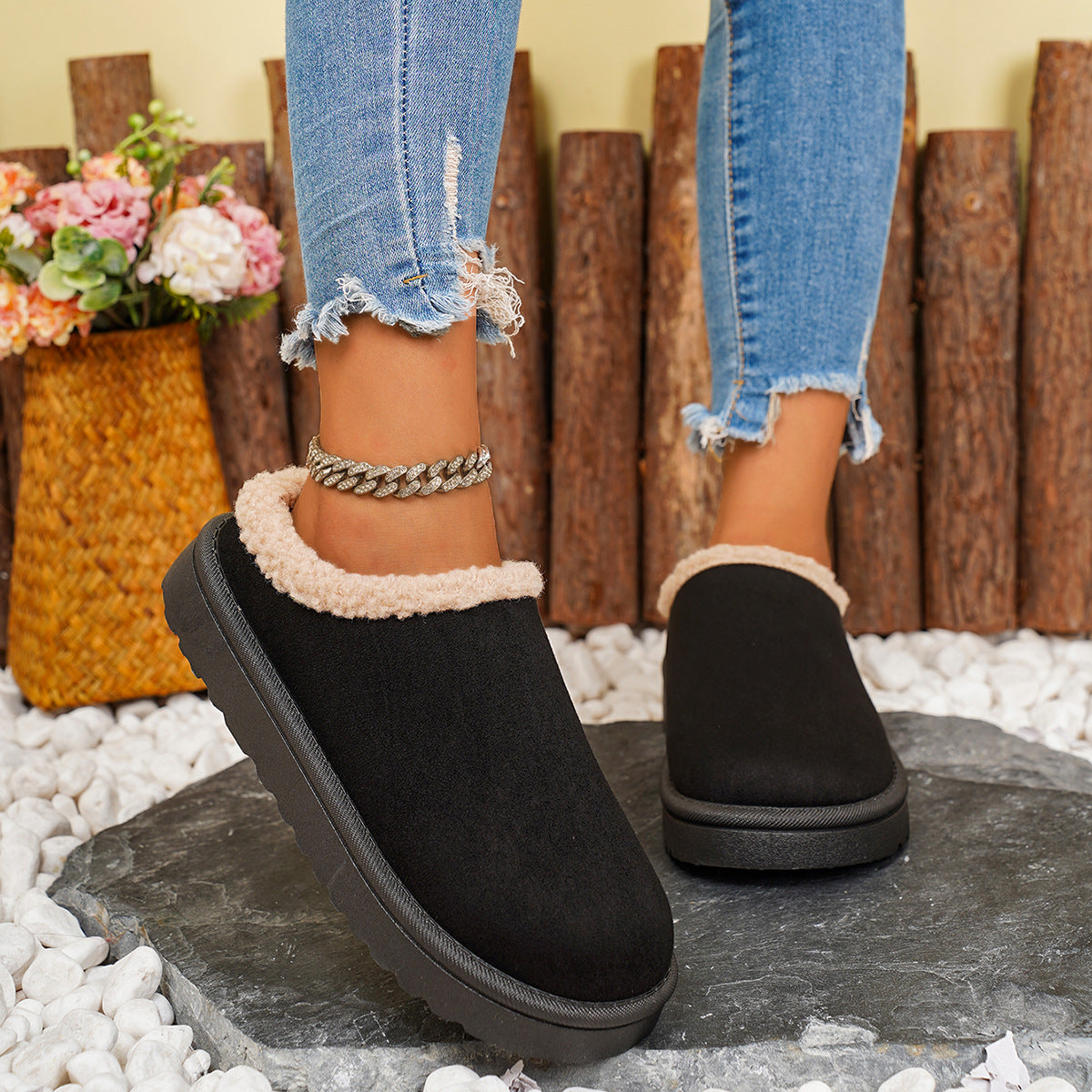 Women's Winter Plush Warm Fleece Soft Sole Round Toe Flat Bottom Slippers 14