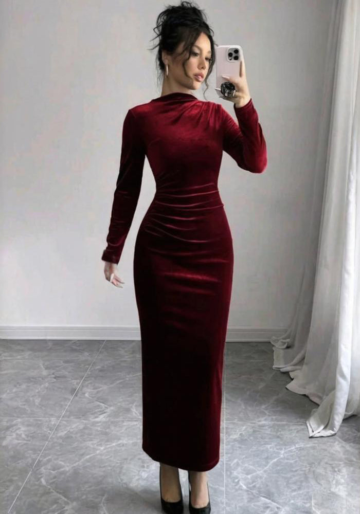 Women's Chic Solid Color Long Sleeve Slim Midi Dress