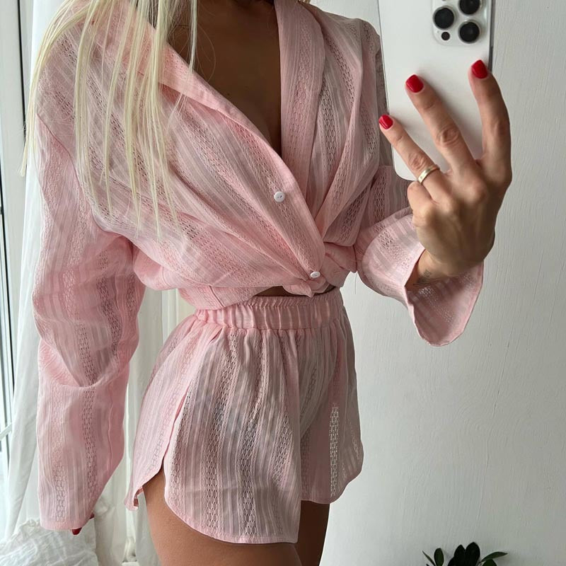 Autumn Women's Fashion Solid Color Shorts & Shirt Casual Home/Outdoor Wear Set 5