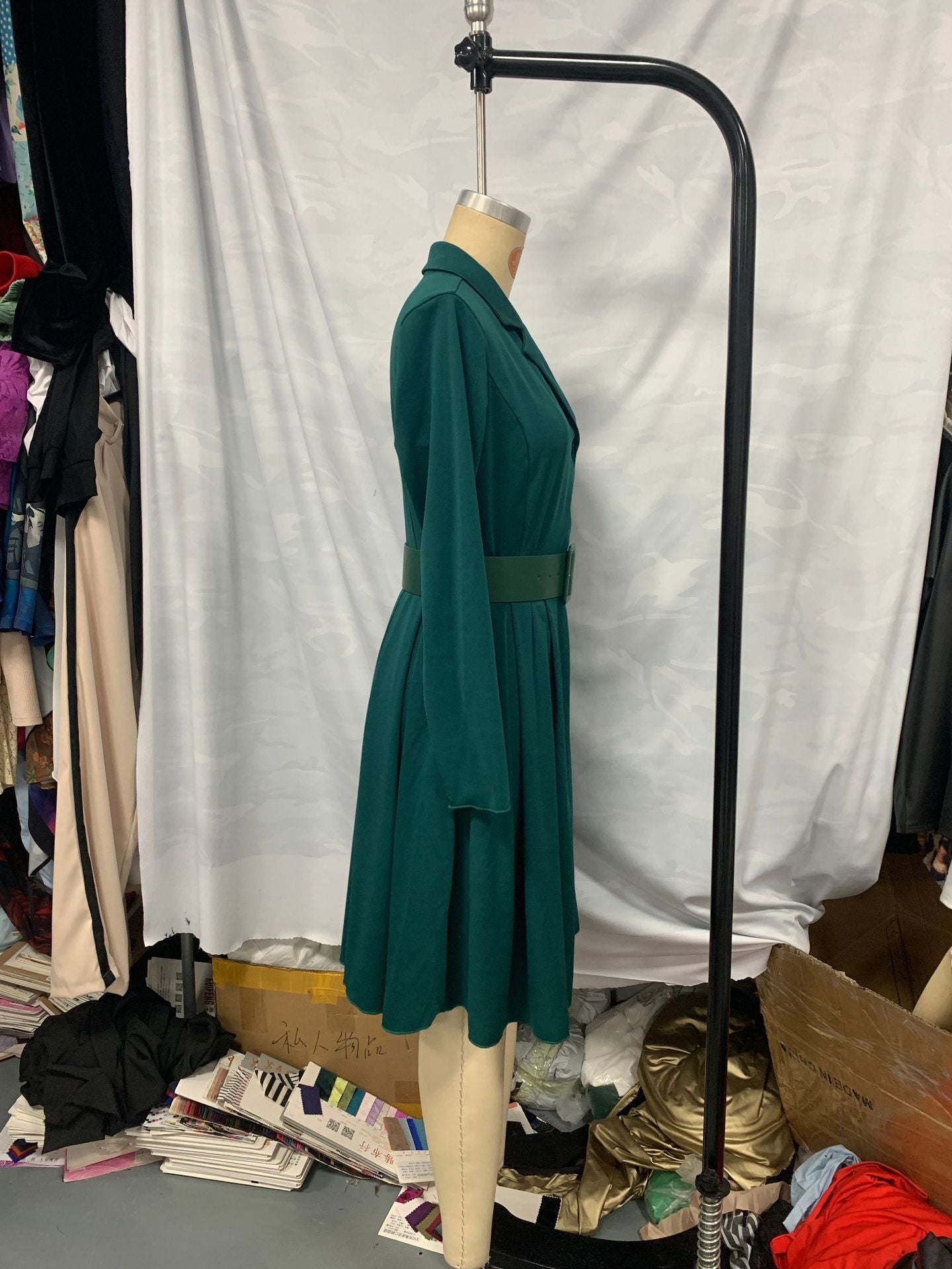 Plus Size  V Neck Turndown Collar A-Line Belt Shirt Dress 4