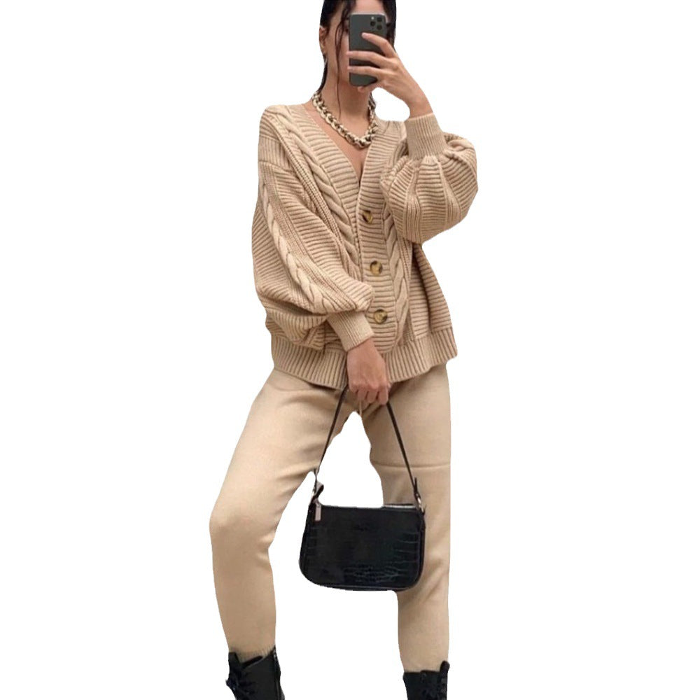 Women V-Neck Solid Button Sweater Two-Piece Set 10