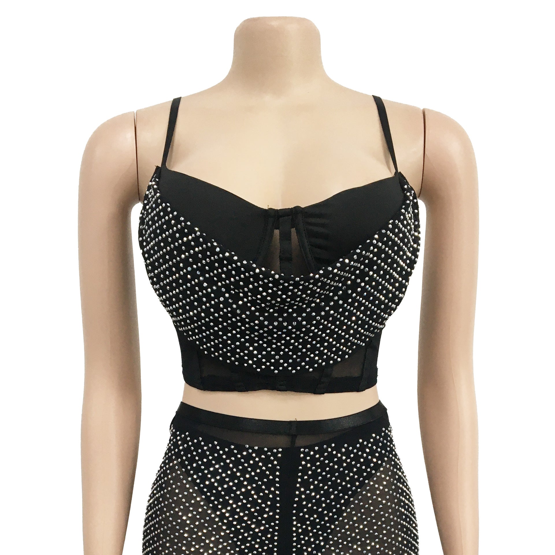 women's solid mesh Beaded suspender pants two-piece set 14