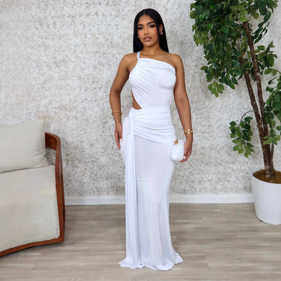 Women Solid Maxi Dress One Shoulder Pleated Dress 6