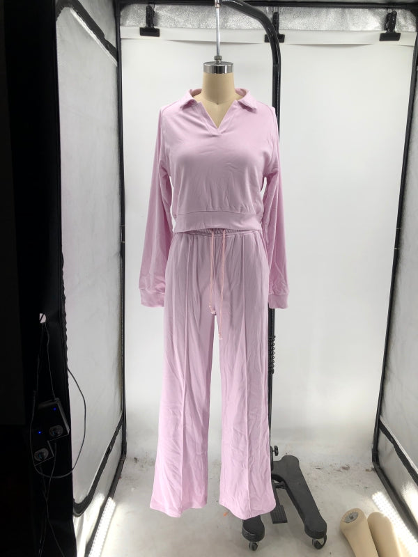 Women Fall/Winter Solid V-Neck Long Sleeve Casual Top and Pants Two-Piece Set 17