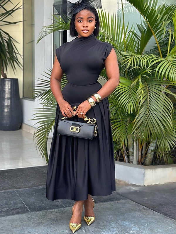 Women's Solid Color Fashion Chic Top Sleeveless Skirt Two Piece Trendy Set 3