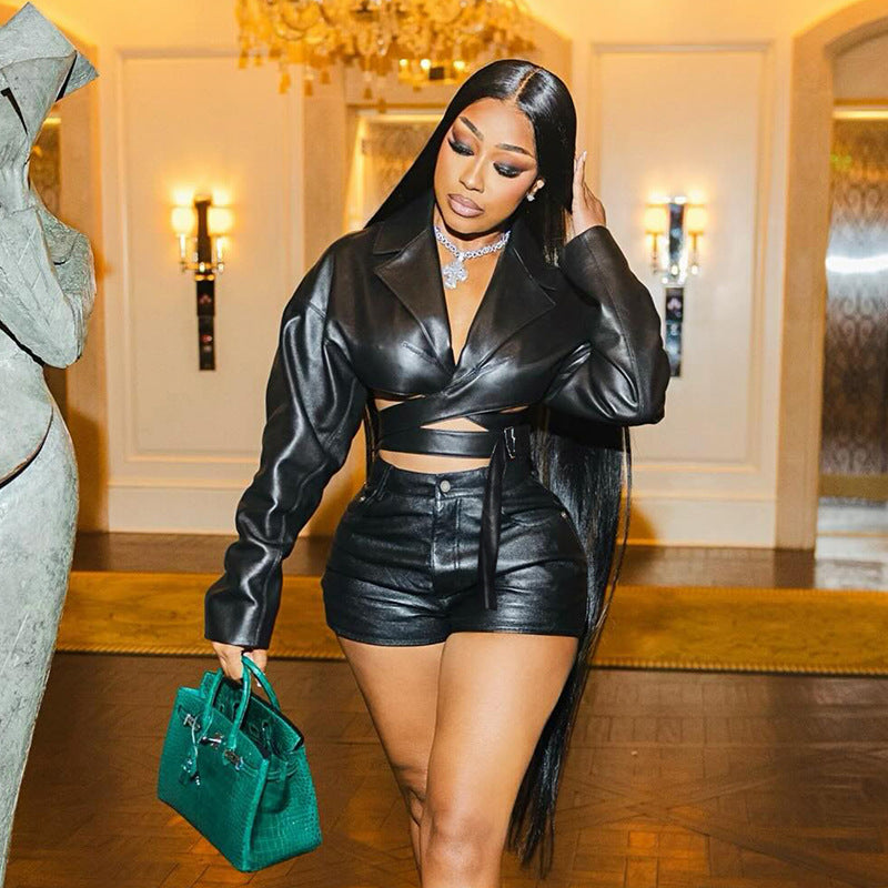 Women Sexy Turndown Collar V Neck Pu Leather Top and Shorts Two Piece Set 5