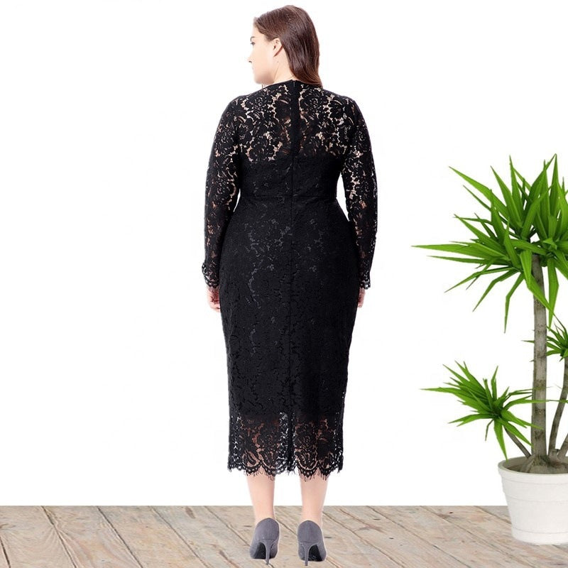 Plus Size Women Long Sleeve Lace Dress 10