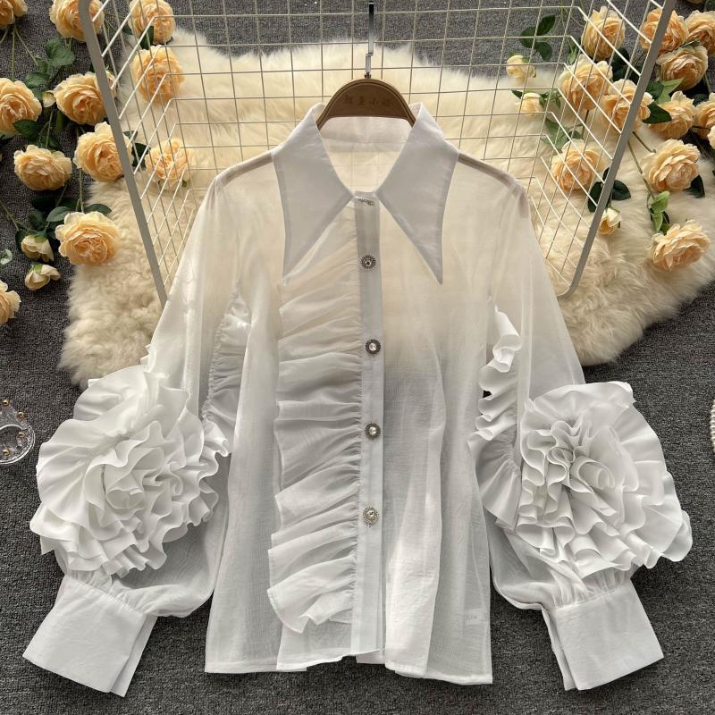 Women Fashion Turndown Collar Ruffled Loose Shirt