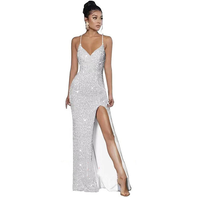 Sleeveless Backless Strap Red Deep V-Neck Sequin Dress（Processing time need 3-6 days）