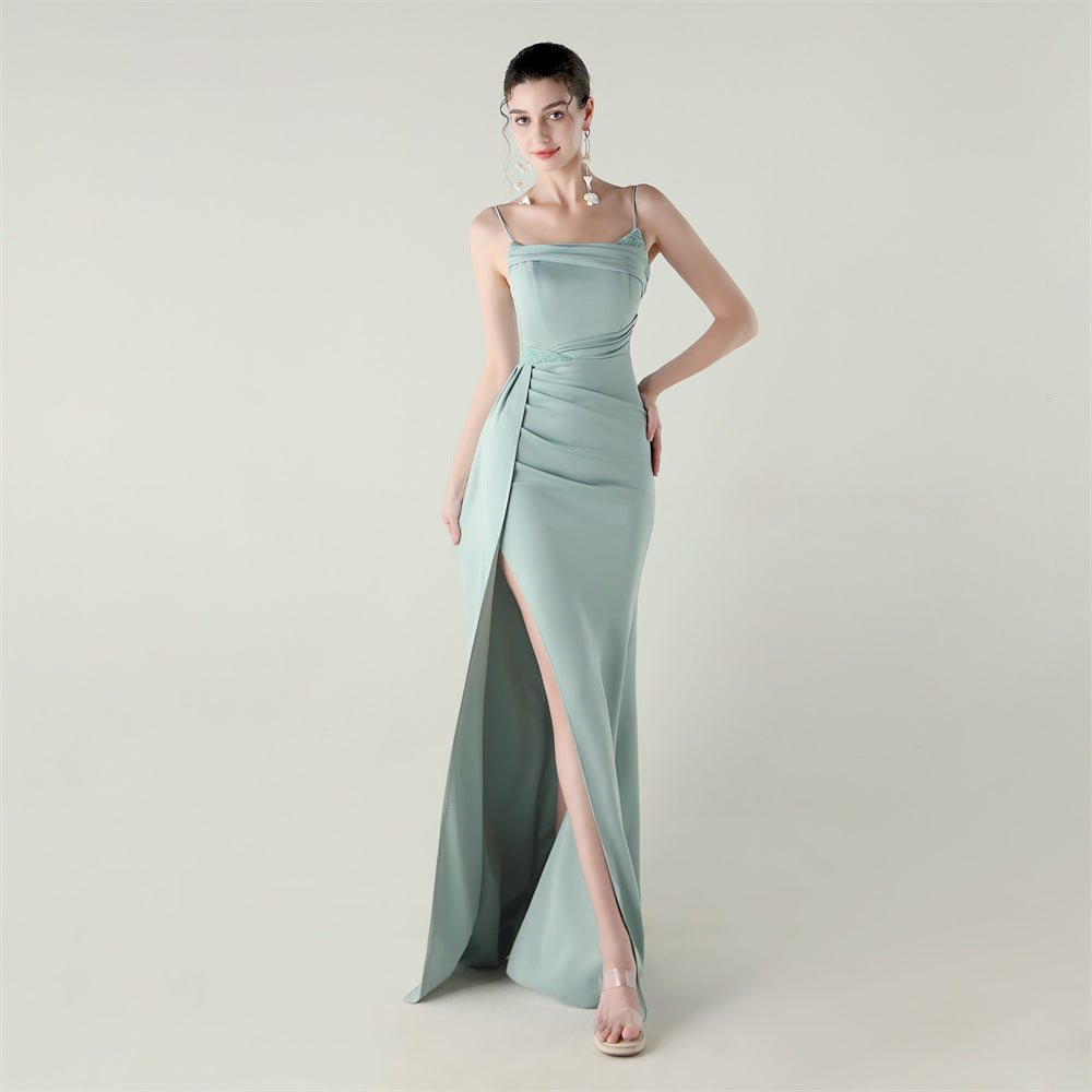 Women satin beaded chain fishtail slit evening dress 14