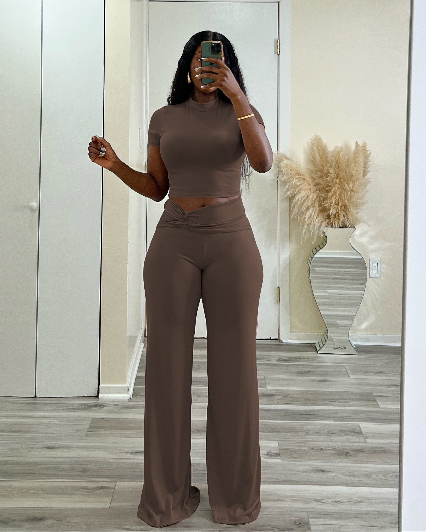 Women Summer Solid Stretch Knot Top and Wide Leg Pants Two-Piece Set 7
