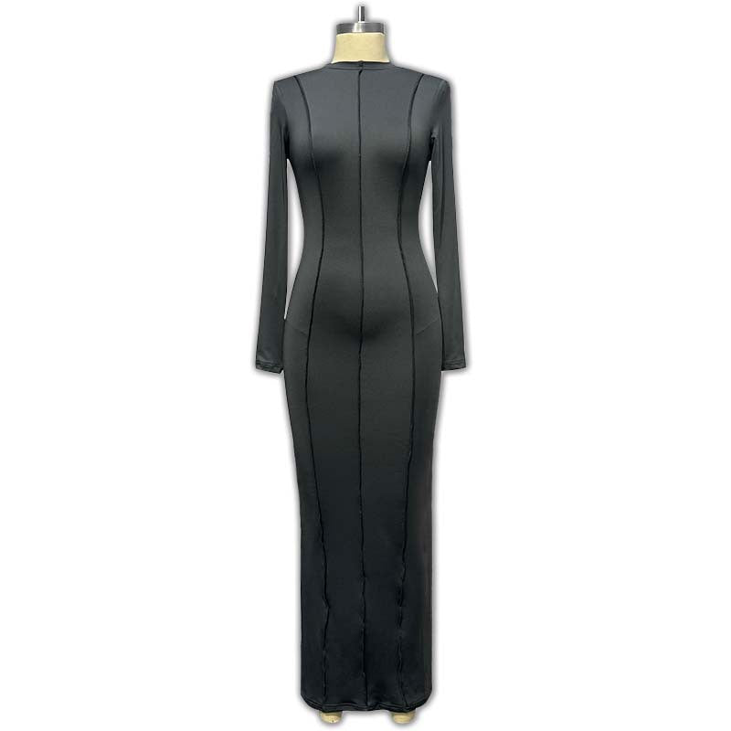 Autumn Women Half Turtle Neck Ribbed Long Sleeve Slim Fit Slim Waist Long Dress 16