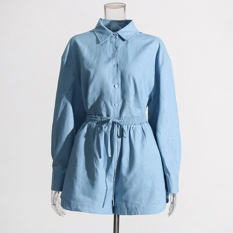 Women Turndown Collar long sleeve solid shirt Top and Casual shorts two-piece set 4