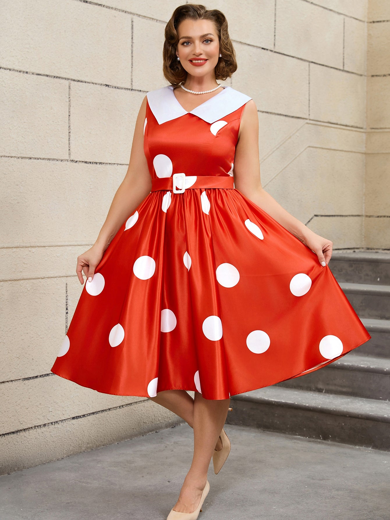 Plus Size Wedding Satin Turned-Down Collar Sleeveless Polka Dot Party A-Line Dress